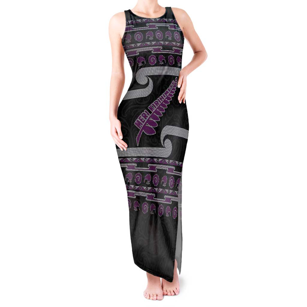 New Zealand Christmas Tank Maxi Dress Meri Kirihimete Silver Fern Knit Style Purple Color - Polynesian Pride
