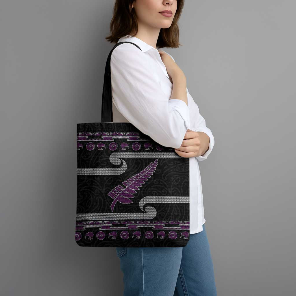 New Zealand Christmas Tote Bag Meri Kirihimete Silver Fern Knit Style Purple Color LT03 - Polynesian Pride