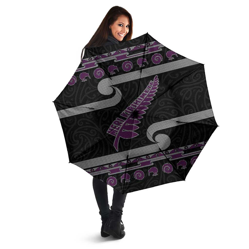 New Zealand Christmas Umbrella Meri Kirihimete Silver Fern Knit Style Purple Color LT03 - Polynesian Pride