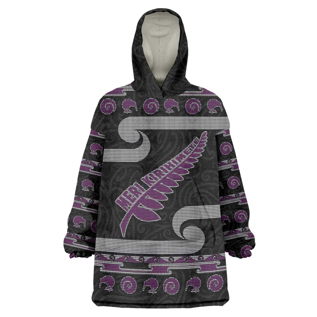 New Zealand Christmas Wearable Blanket Hoodie Meri Kirihimete Silver Fern Knit Style Purple Color LT03 One Size Purple - Polynesian Pride