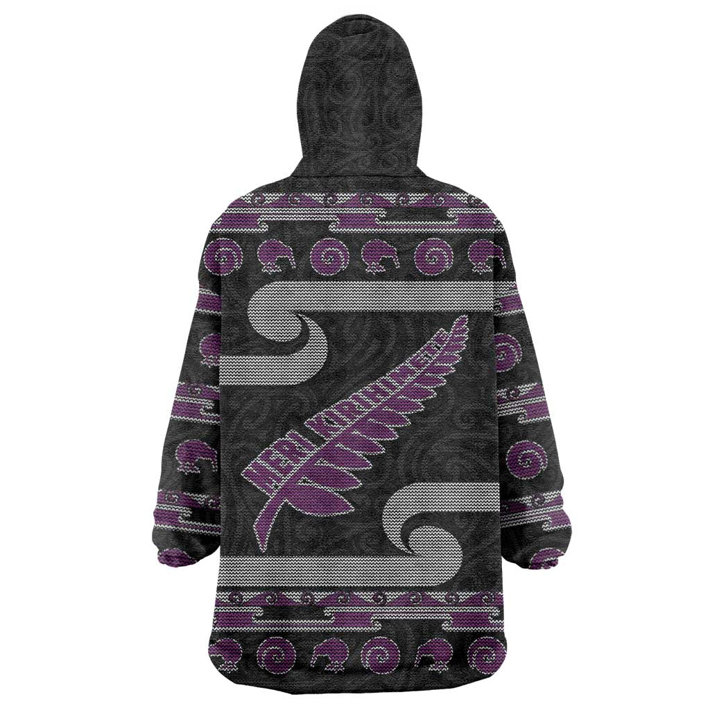 New Zealand Christmas Wearable Blanket Hoodie Meri Kirihimete Silver Fern Knit Style Purple Color LT03 - Polynesian Pride