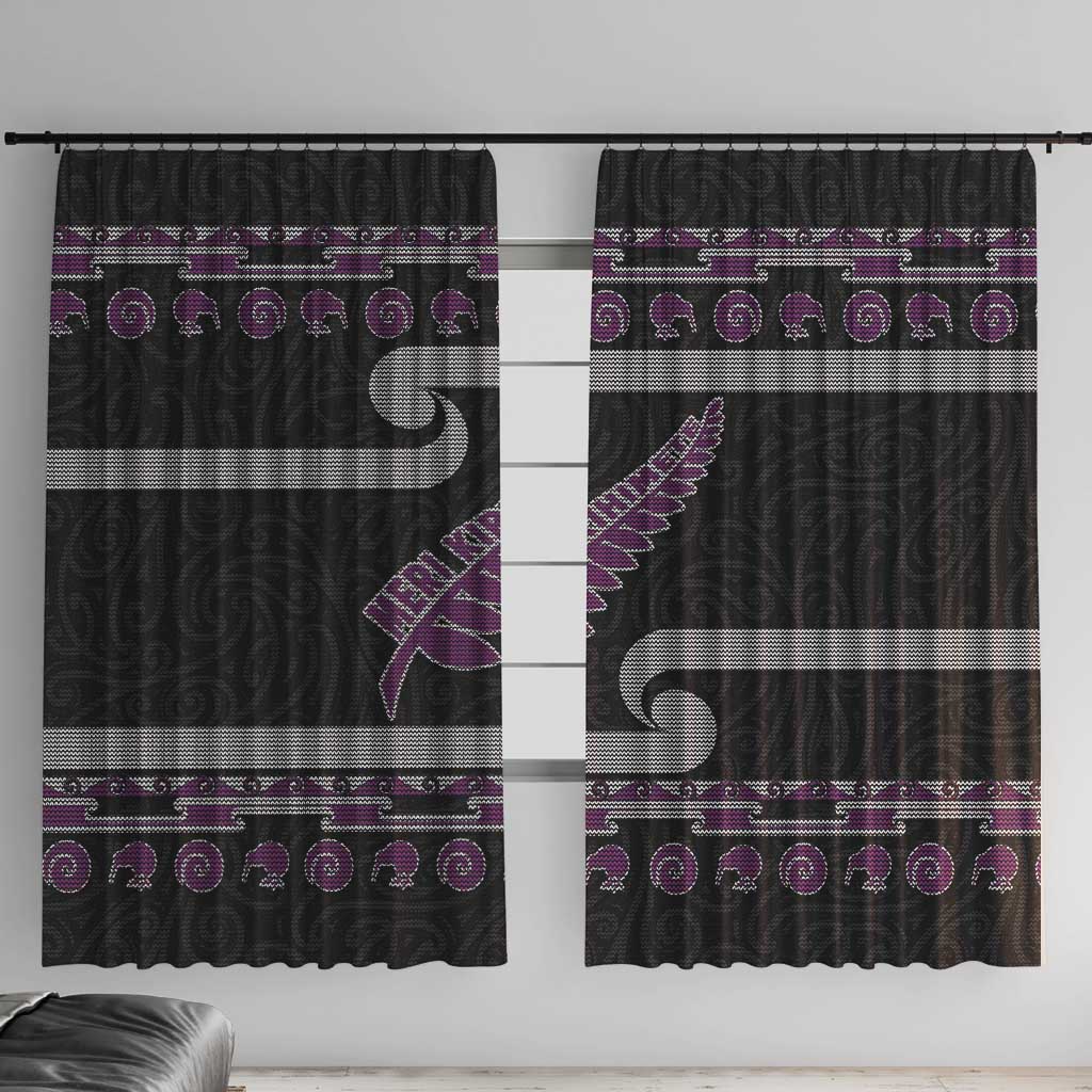 New Zealand Christmas Window Curtain Meri Kirihimete Silver Fern Knit Style Purple Color LT03 With Hooks Purple - Polynesian Pride