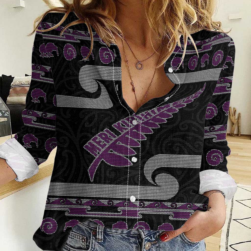 New Zealand Christmas Women Casual Shirt Meri Kirihimete Silver Fern Knit Style Purple Color - Polynesian Pride