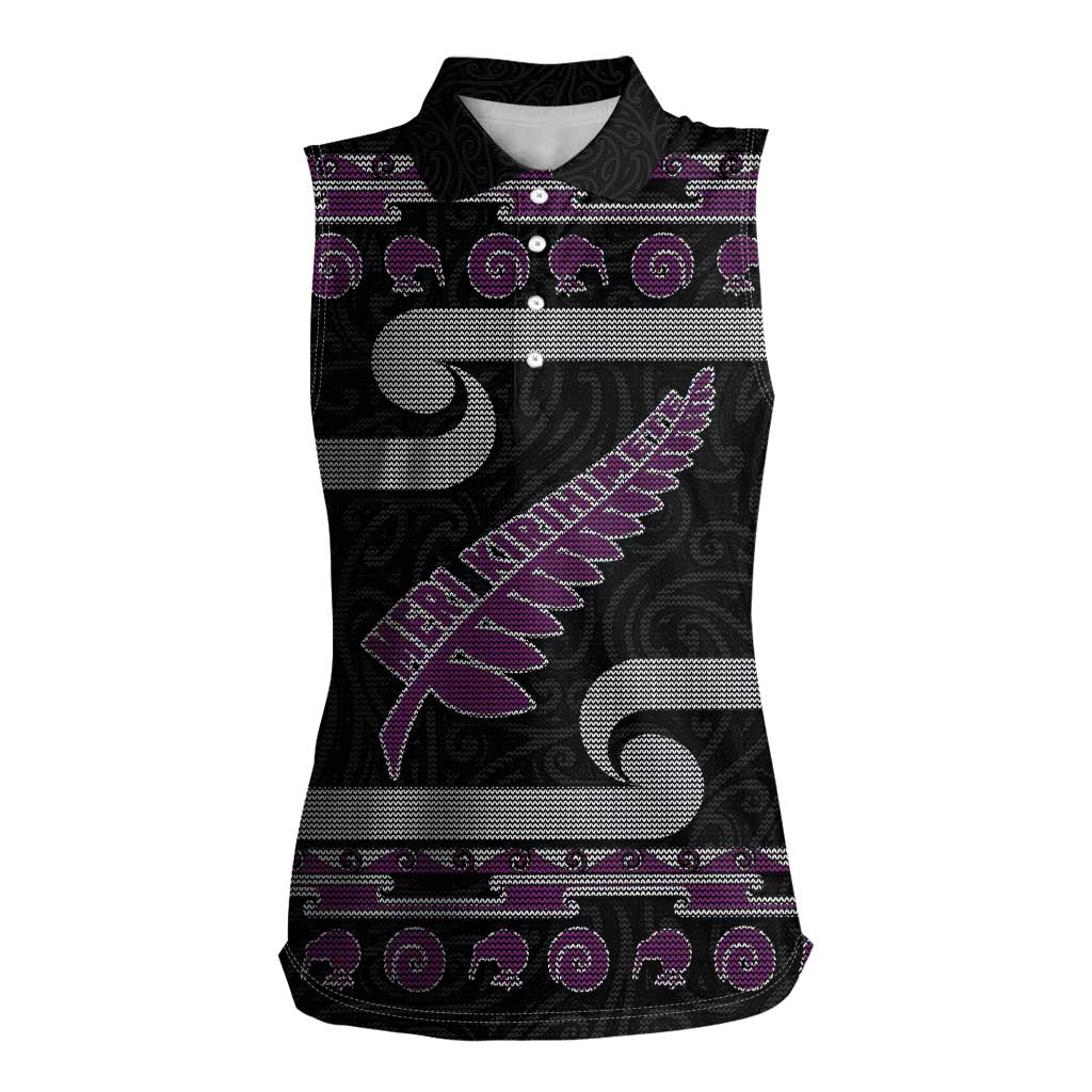 New Zealand Christmas Women Sleeveless Polo Shirt Meri Kirihimete Silver Fern Knit Style Purple Color LT03 Female Purple - Polynesian Pride