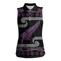 New Zealand Christmas Women Sleeveless Polo Shirt Meri Kirihimete Silver Fern Knit Style Purple Color LT03 Female Purple - Polynesian Pride