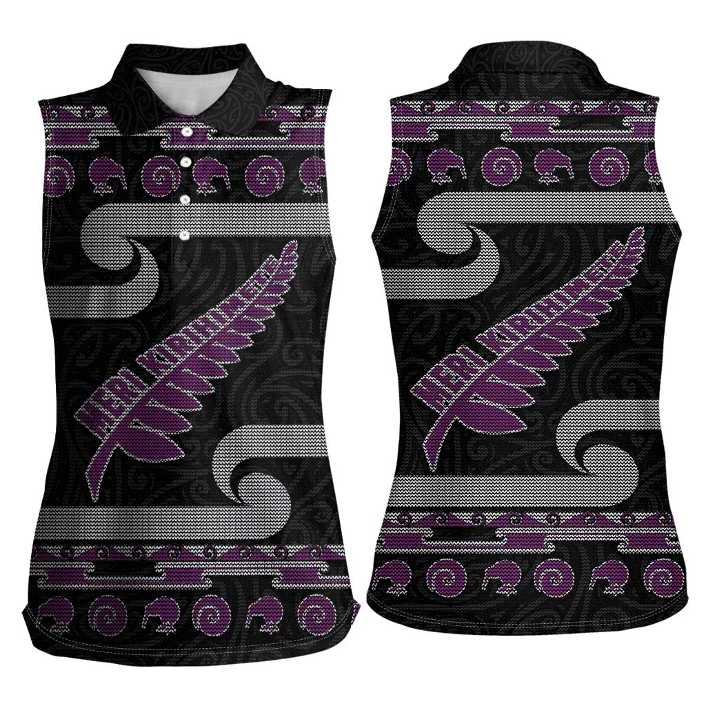 New Zealand Christmas Women Sleeveless Polo Shirt Meri Kirihimete Silver Fern Knit Style Purple Color LT03 - Polynesian Pride