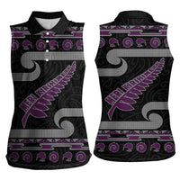 New Zealand Christmas Women Sleeveless Polo Shirt Meri Kirihimete Silver Fern Knit Style Purple Color LT03 - Polynesian Pride