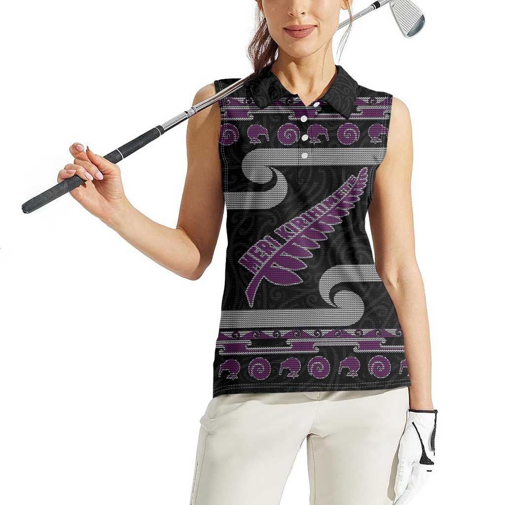 New Zealand Christmas Women Sleeveless Polo Shirt Meri Kirihimete Silver Fern Knit Style Purple Color LT03 - Polynesian Pride