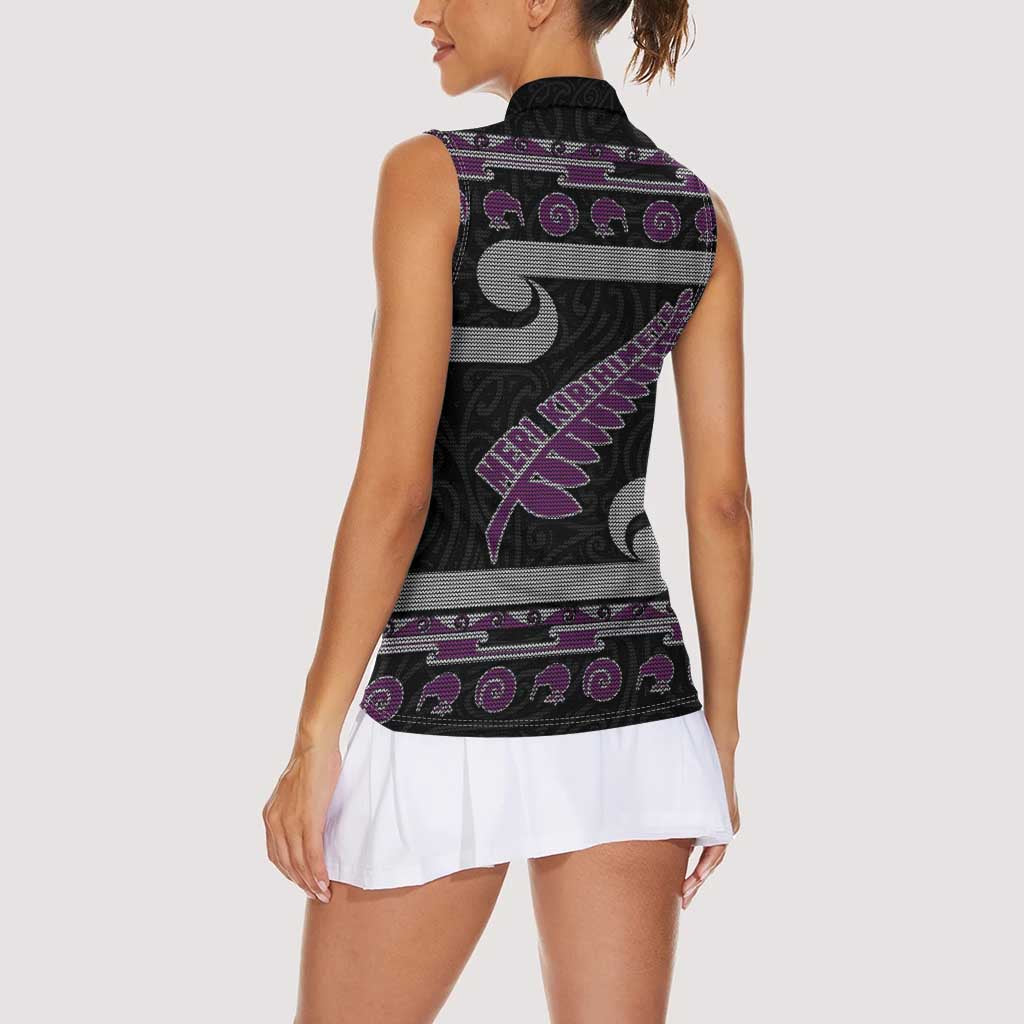 New Zealand Christmas Women Sleeveless Polo Shirt Meri Kirihimete Silver Fern Knit Style Purple Color LT03 - Polynesian Pride