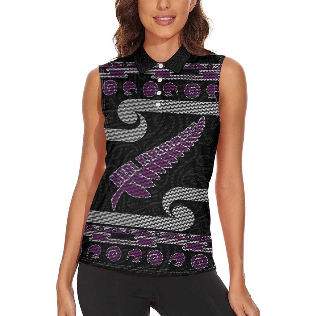 New Zealand Christmas Women Sleeveless Polo Shirt Meri Kirihimete Silver Fern Knit Style Purple Color LT03 - Polynesian Pride