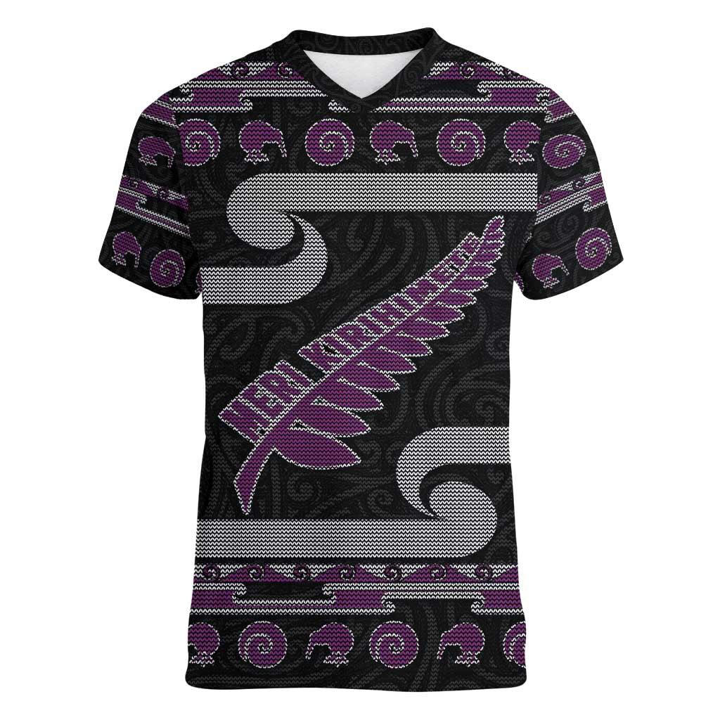 New Zealand Christmas Women V-Neck T-Shirt Meri Kirihimete Silver Fern Knit Style Purple Color LT03 Female Purple - Polynesian Pride