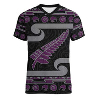 New Zealand Christmas Women V-Neck T-Shirt Meri Kirihimete Silver Fern Knit Style Purple Color LT03 Female Purple - Polynesian Pride