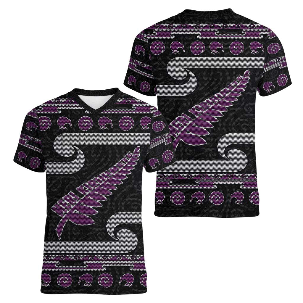 New Zealand Christmas Women V-Neck T-Shirt Meri Kirihimete Silver Fern Knit Style Purple Color LT03 - Polynesian Pride