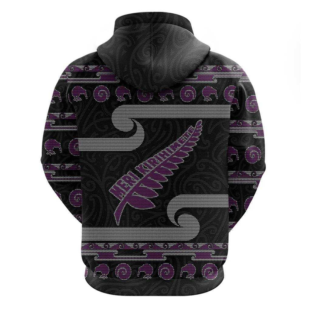 New Zealand Christmas Zip Hoodie Meri Kirihimete Silver Fern Knit Style Purple Color LT03 - Polynesian Pride