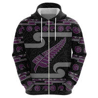 New Zealand Christmas Zip Hoodie Meri Kirihimete Silver Fern Knit Style Purple Color LT03 - Polynesian Pride