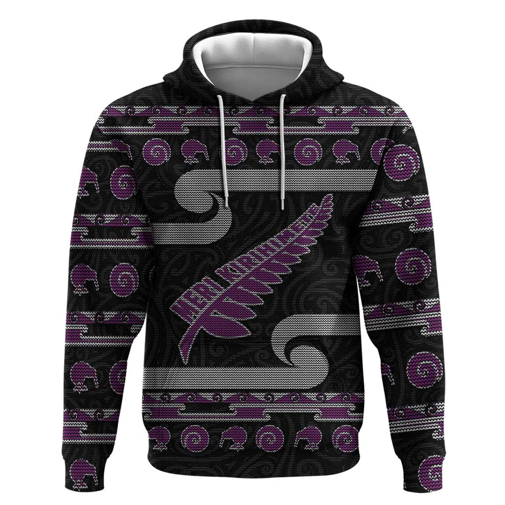 New Zealand Christmas Zip Hoodie Meri Kirihimete Silver Fern Knit Style Purple Color LT03 Pullover Hoodie Purple - Polynesian Pride
