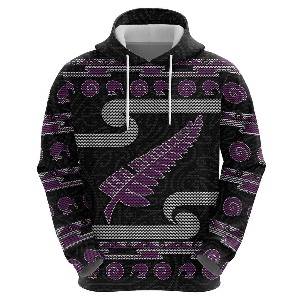 New Zealand Christmas Zip Hoodie Meri Kirihimete Silver Fern Knit Style Purple Color LT03 - Polynesian Pride