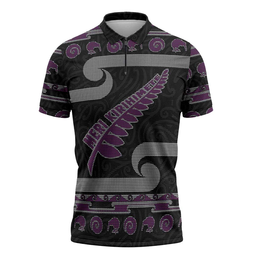 New Zealand Christmas Zipper Polo Shirt Meri Kirihimete Silver Fern Knit Style Purple Color LT03 Purple - Polynesian Pride