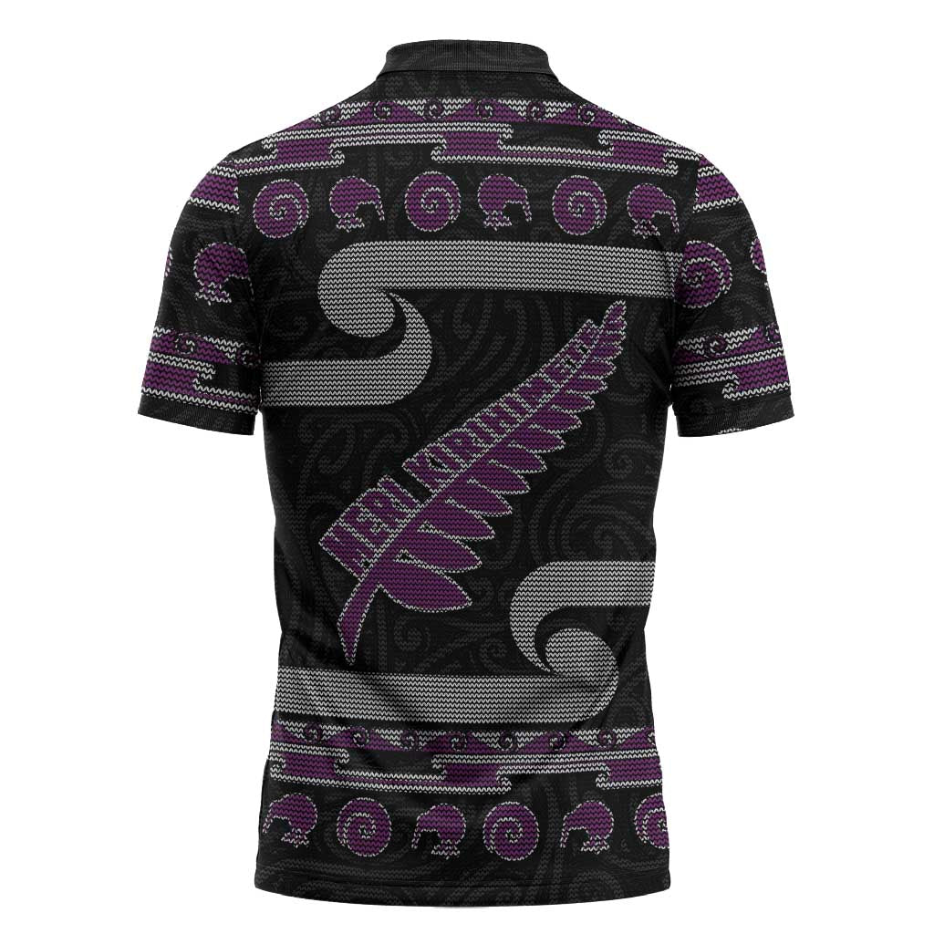 New Zealand Christmas Zipper Polo Shirt Meri Kirihimete Silver Fern Knit Style Purple Color LT03 - Polynesian Pride