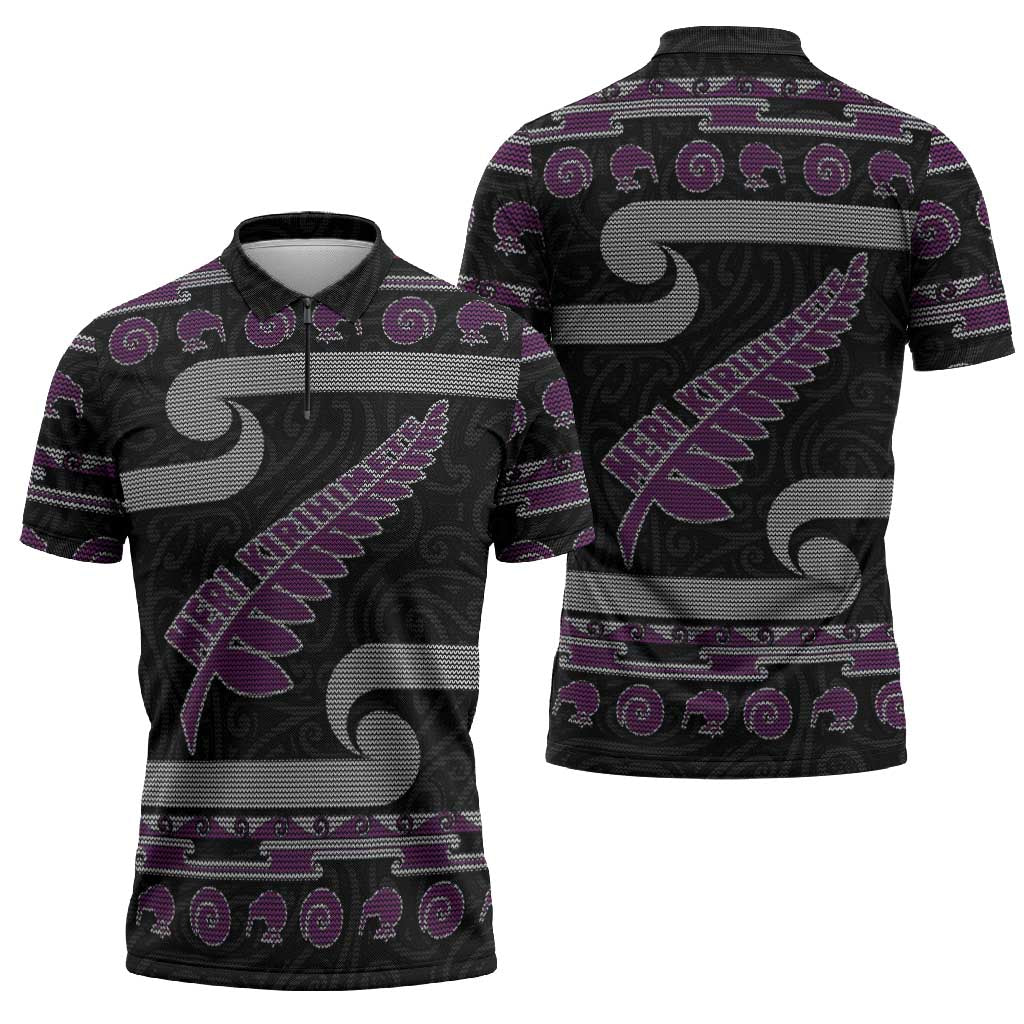 New Zealand Christmas Zipper Polo Shirt Meri Kirihimete Silver Fern Knit Style Purple Color LT03 - Polynesian Pride