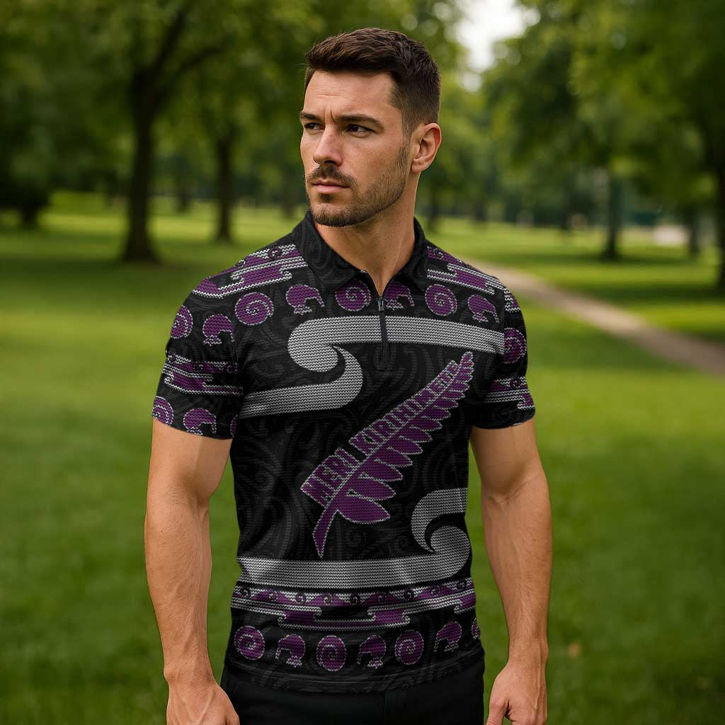 New Zealand Christmas Zipper Polo Shirt Meri Kirihimete Silver Fern Knit Style Purple Color LT03 - Polynesian Pride