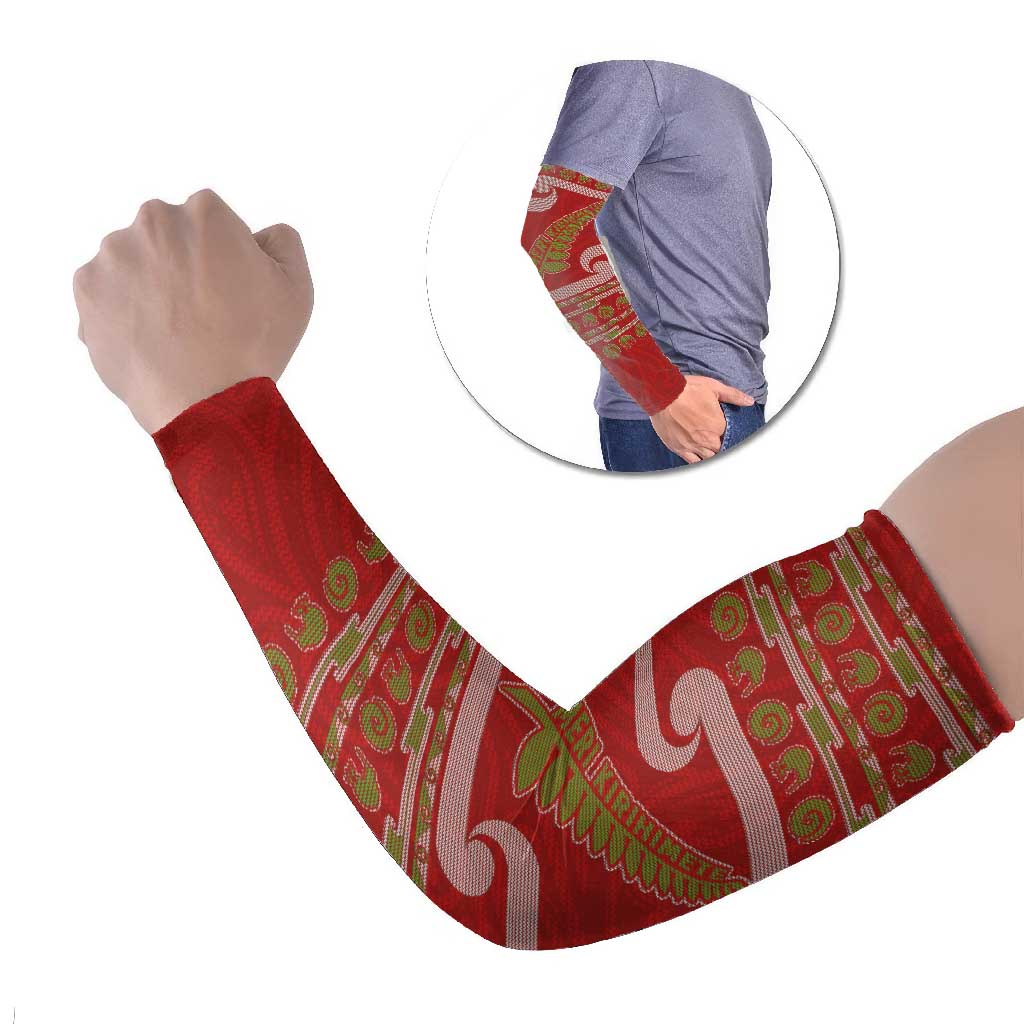 New Zealand Christmas Arm Sleeves Meri Kirihimete Silver Fern Knit Style Green Color - Polynesian Pride