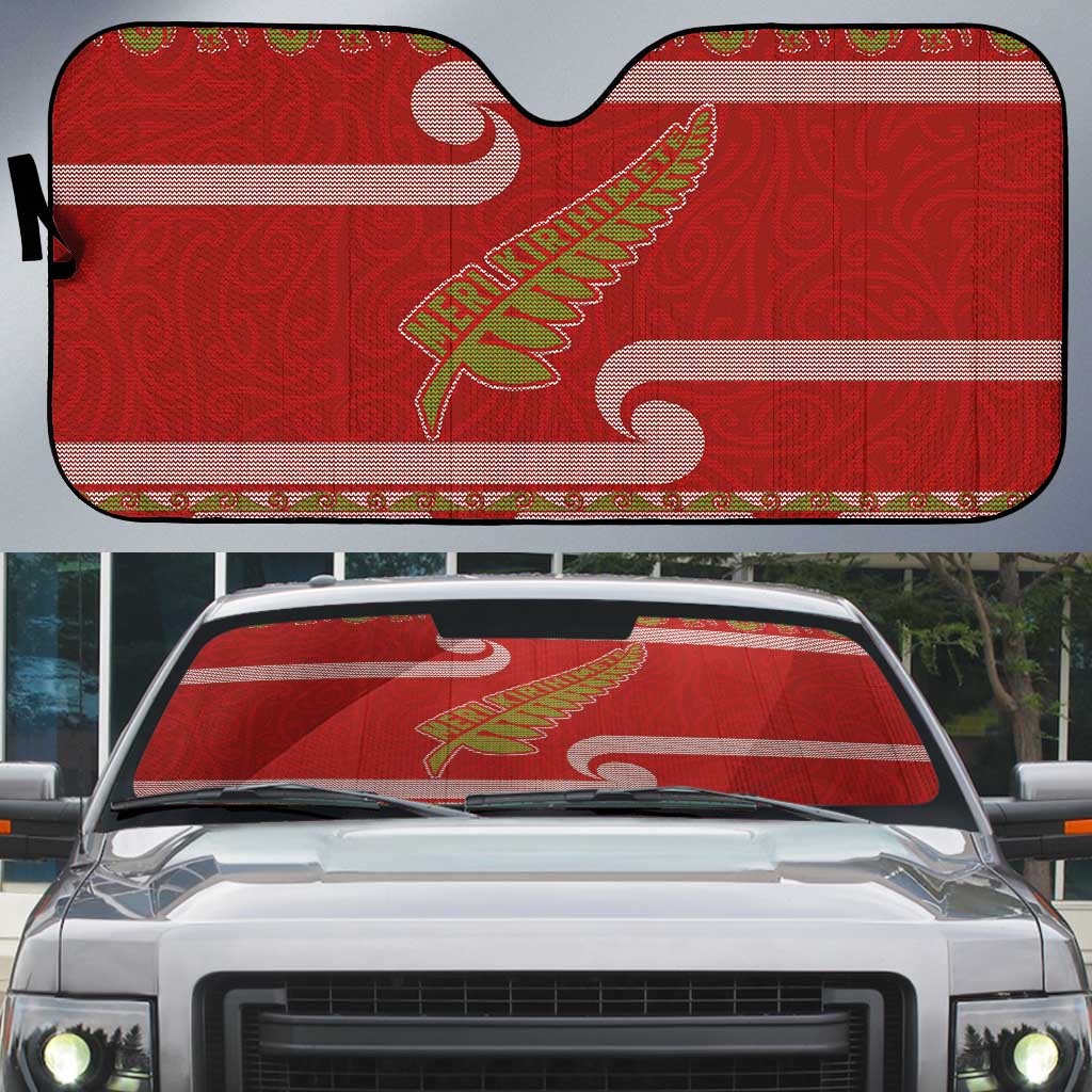 New Zealand Christmas Auto Sun Shade Meri Kirihimete Silver Fern Knit Style Green Color LT03 Green - Polynesian Pride