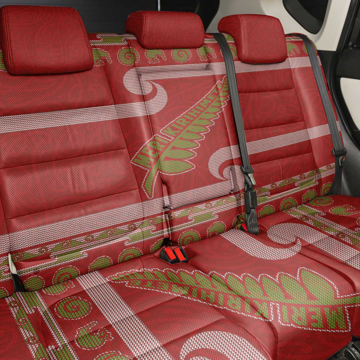 New Zealand Christmas Back Car Seat Cover Meri Kirihimete Silver Fern Knit Style Green Color LT03 - Polynesian Pride