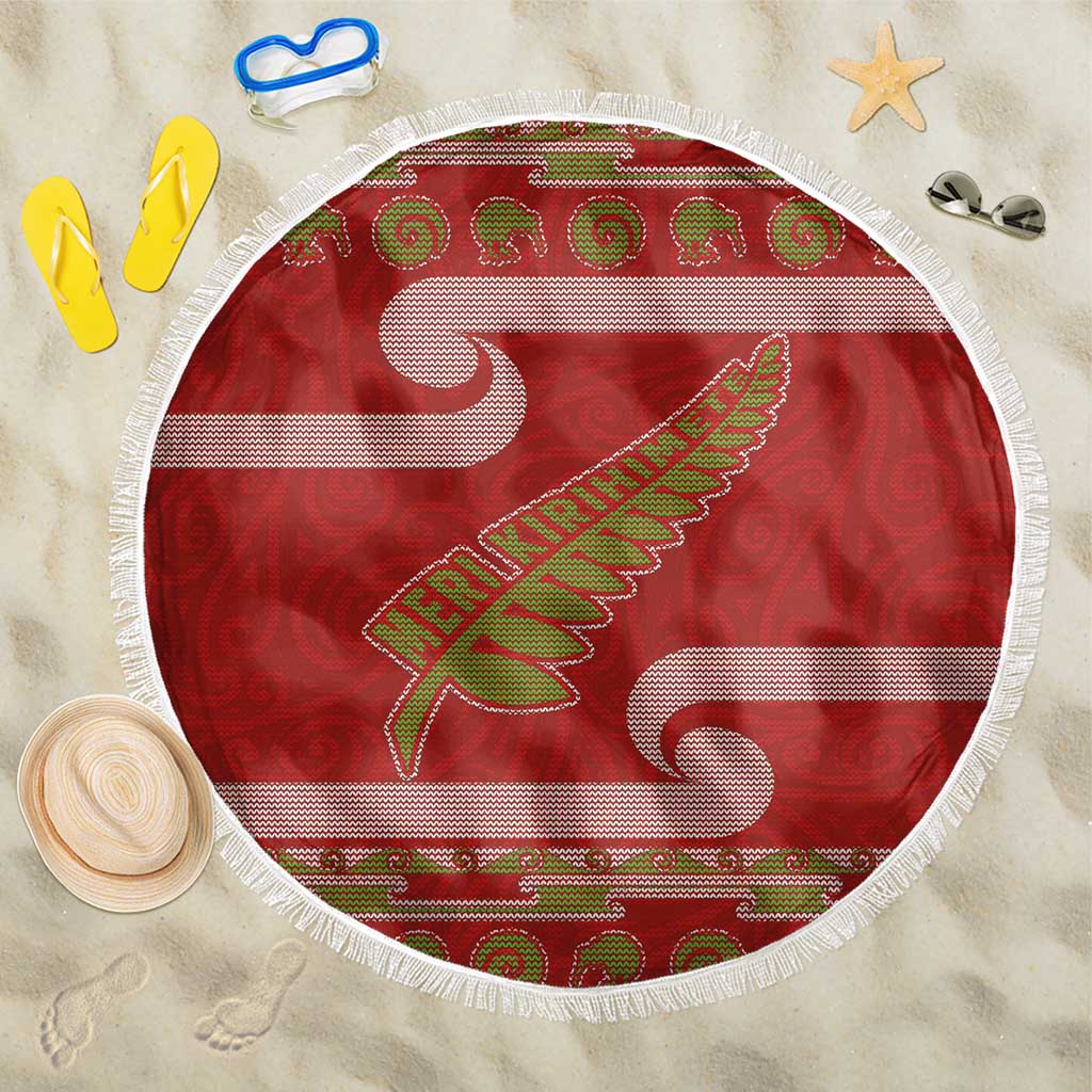 New Zealand Christmas Beach Blanket Meri Kirihimete Silver Fern Knit Style Green Color LT03 One Size 150cm Green - Polynesian Pride