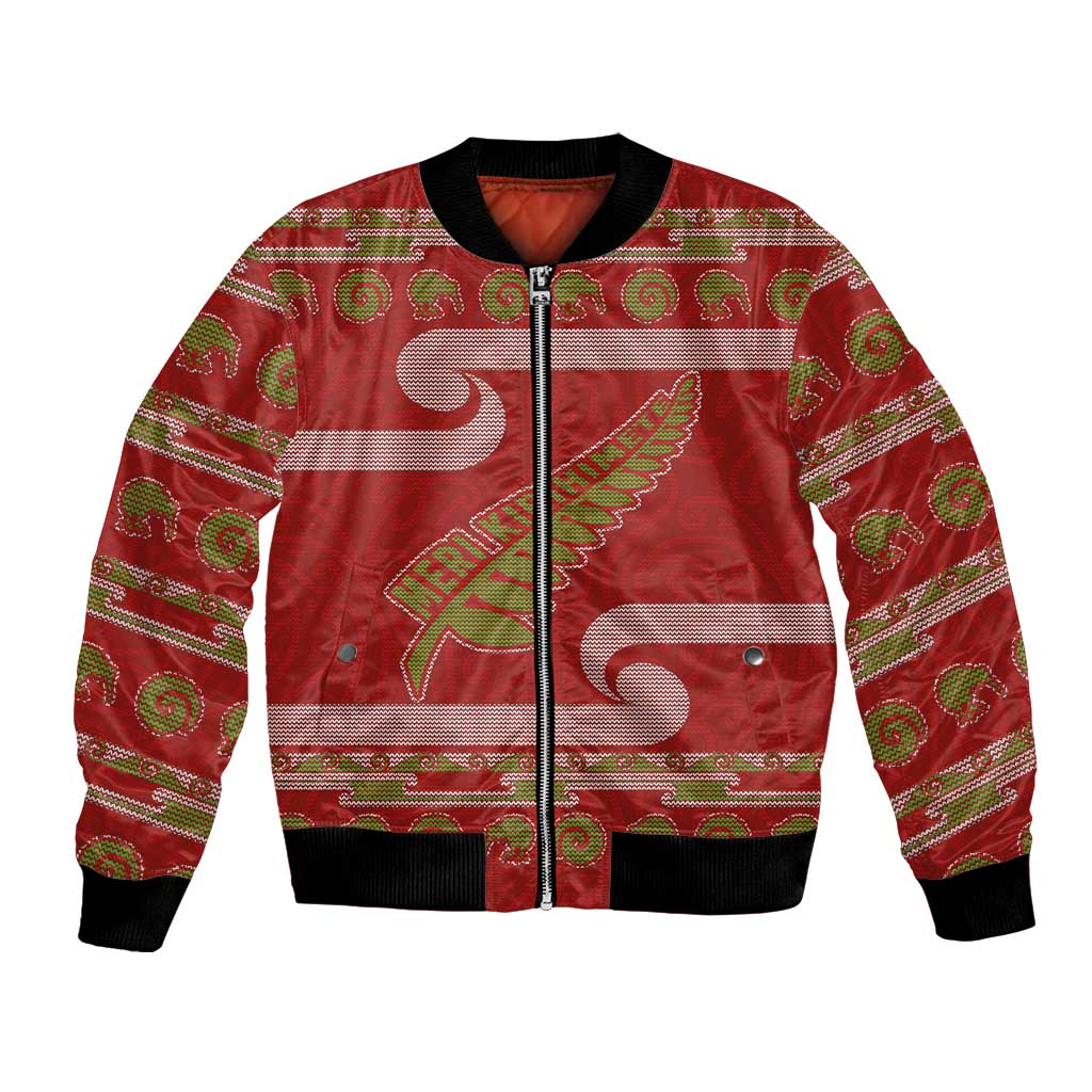 New Zealand Christmas Bomber Jacket Meri Kirihimete Silver Fern Knit Style Green Color LT03 Unisex Green - Polynesian Pride