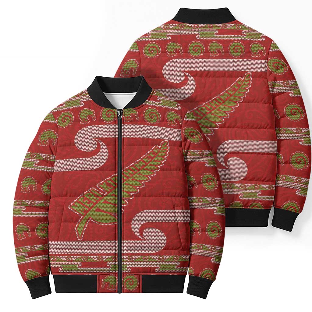 New Zealand Christmas Bomber Puffer Jacket Meri Kirihimete Silver Fern Knit Style Green Color LT03 - Polynesian Pride
