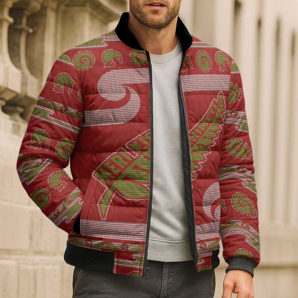New Zealand Christmas Bomber Puffer Jacket Meri Kirihimete Silver Fern Knit Style Green Color LT03 - Polynesian Pride