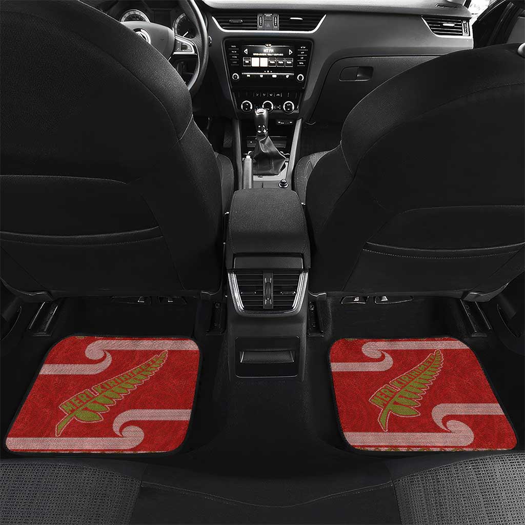 New Zealand Christmas Car Mats Meri Kirihimete Silver Fern Knit Style Green Color LT03 Set 2pcs - Back Green - Polynesian Pride