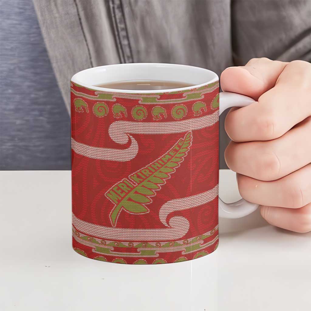 New Zealand Christmas Ceramic Mug Meri Kirihimete Silver Fern Knit Style Green Color LT03 - Polynesian Pride