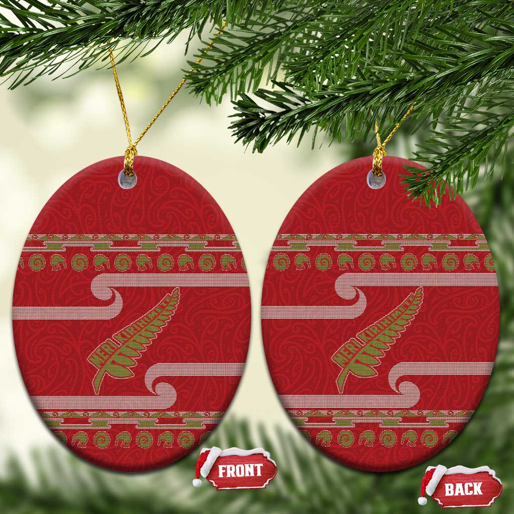 New Zealand Christmas Ceramic Ornament Meri Kirihimete Silver Fern Knit Style Green Color LT03 Oval Green - Polynesian Pride