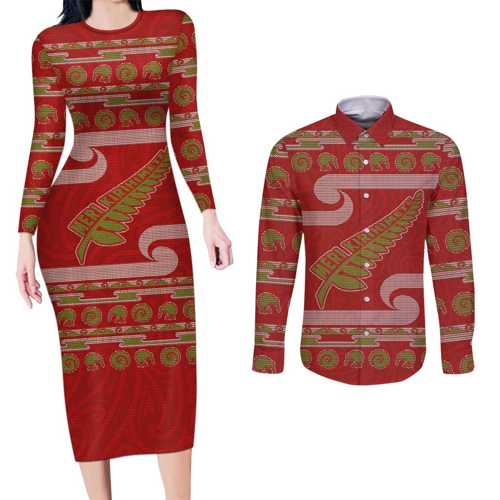 New Zealand Christmas Couples Matching Long Sleeve Bodycon Dress and Long Sleeve Button Shirt Meri Kirihimete Silver Fern Knit Style Green Color LT03 Green - Polynesian Pride