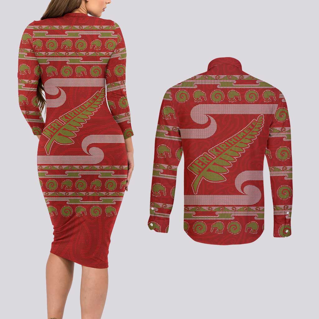 New Zealand Christmas Couples Matching Long Sleeve Bodycon Dress and Long Sleeve Button Shirt Meri Kirihimete Silver Fern Knit Style Green Color LT03 - Polynesian Pride
