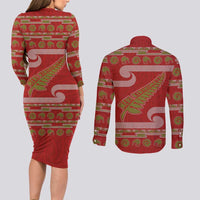 New Zealand Christmas Couples Matching Long Sleeve Bodycon Dress and Long Sleeve Button Shirt Meri Kirihimete Silver Fern Knit Style Green Color LT03 - Polynesian Pride
