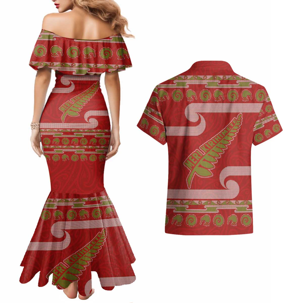 New Zealand Christmas Couples Matching Mermaid Dress and Hawaiian Shirt Meri Kirihimete Silver Fern Knit Style Green Color LT03 - Polynesian Pride