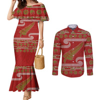 New Zealand Christmas Couples Matching Mermaid Dress and Long Sleeve Button Shirt Meri Kirihimete Silver Fern Knit Style Green Color LT03 Green - Polynesian Pride