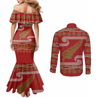 New Zealand Christmas Couples Matching Mermaid Dress and Long Sleeve Button Shirt Meri Kirihimete Silver Fern Knit Style Green Color LT03 - Polynesian Pride