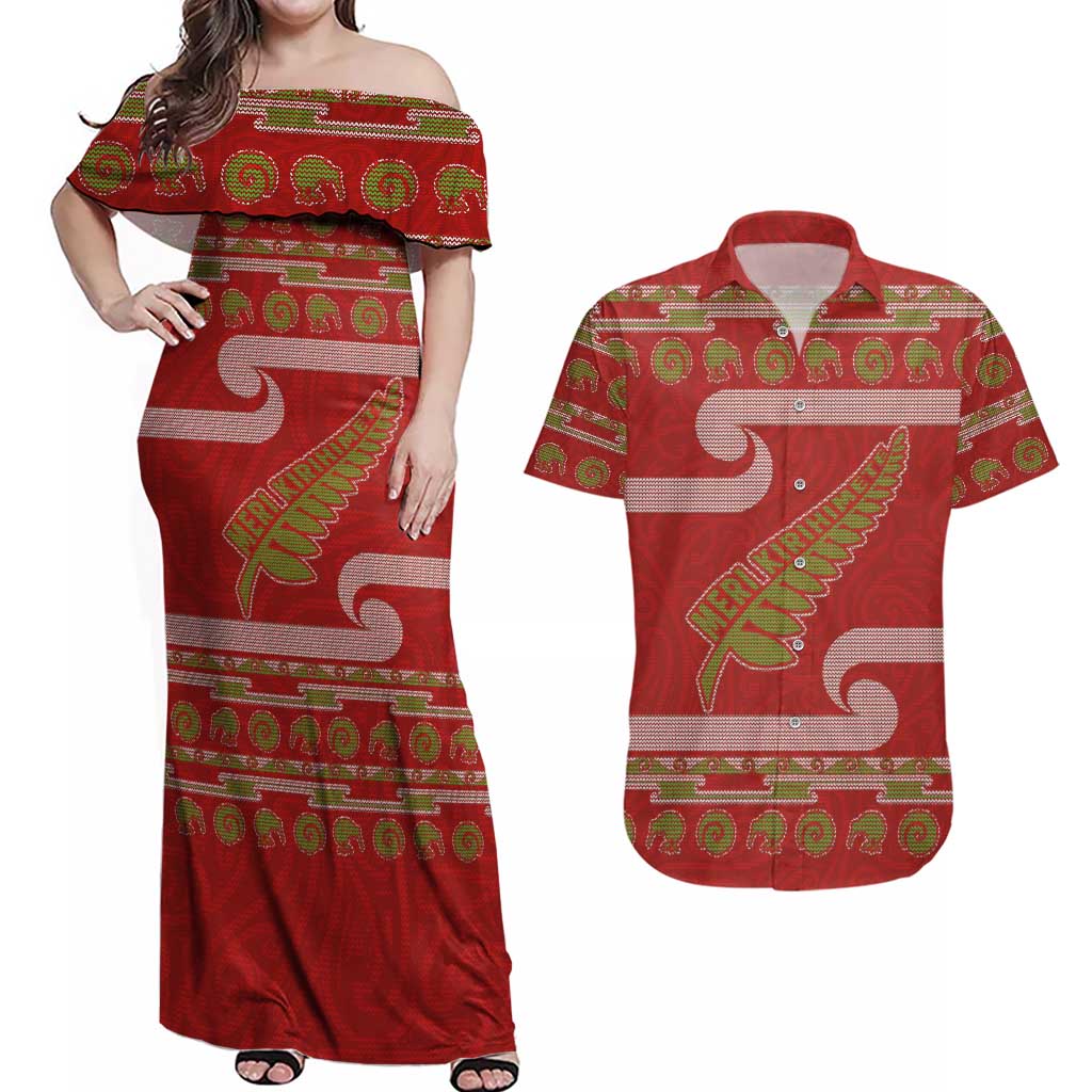 New Zealand Christmas Couples Matching Off Shoulder Maxi Dress and Hawaiian Shirt Meri Kirihimete Silver Fern Knit Style Green Color - Polynesian Pride