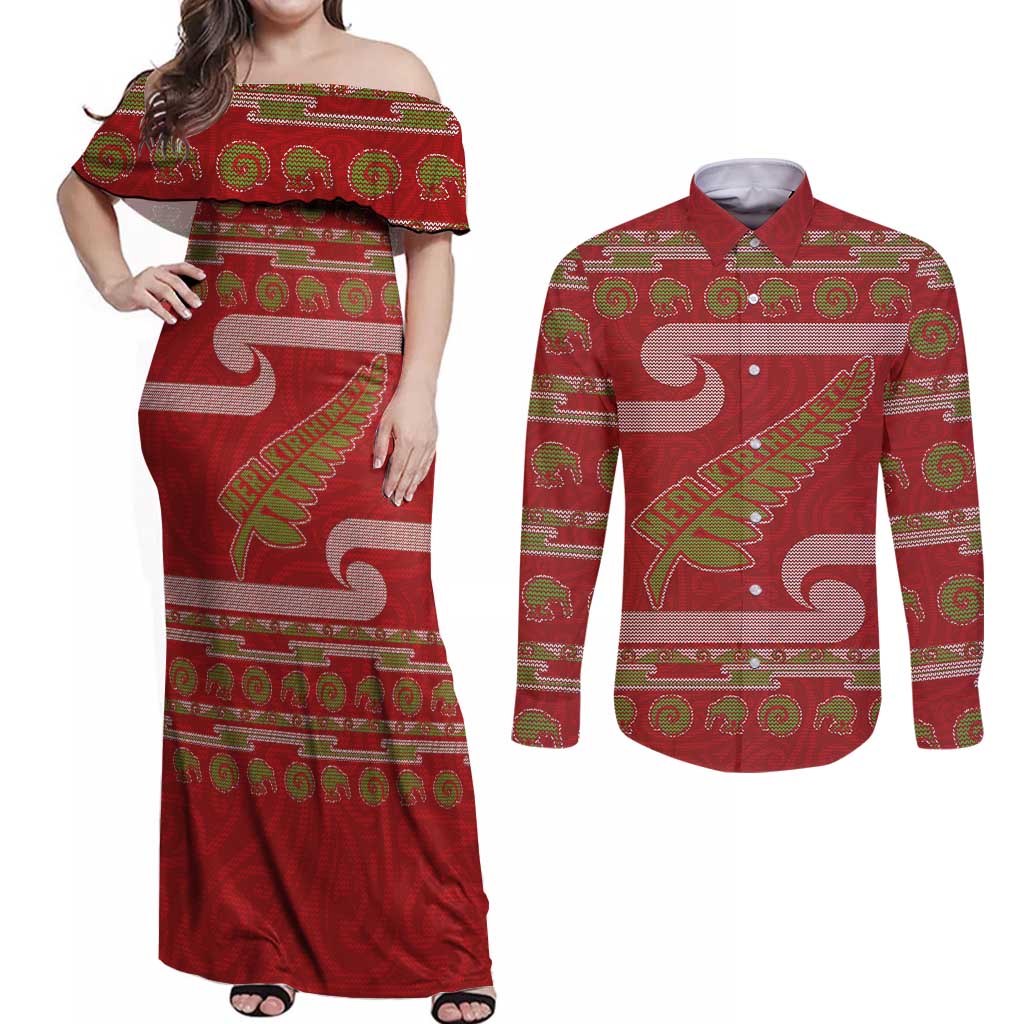 New Zealand Christmas Couples Matching Off Shoulder Maxi Dress and Long Sleeve Button Shirt Meri Kirihimete Silver Fern Knit Style Green Color LT03 Green - Polynesian Pride
