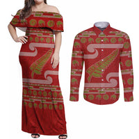 New Zealand Christmas Couples Matching Off Shoulder Maxi Dress and Long Sleeve Button Shirt Meri Kirihimete Silver Fern Knit Style Green Color LT03 Green - Polynesian Pride