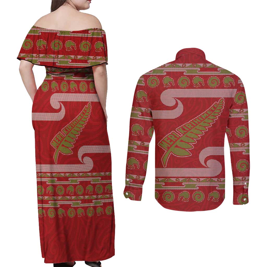 New Zealand Christmas Couples Matching Off Shoulder Maxi Dress and Long Sleeve Button Shirt Meri Kirihimete Silver Fern Knit Style Green Color LT03 - Polynesian Pride