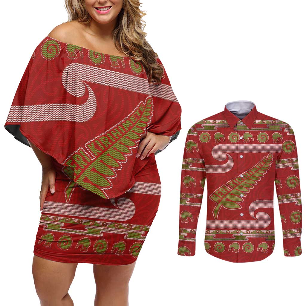 New Zealand Christmas Couples Matching Off Shoulder Short Dress and Long Sleeve Button Shirt Meri Kirihimete Silver Fern Knit Style Green Color - Polynesian Pride