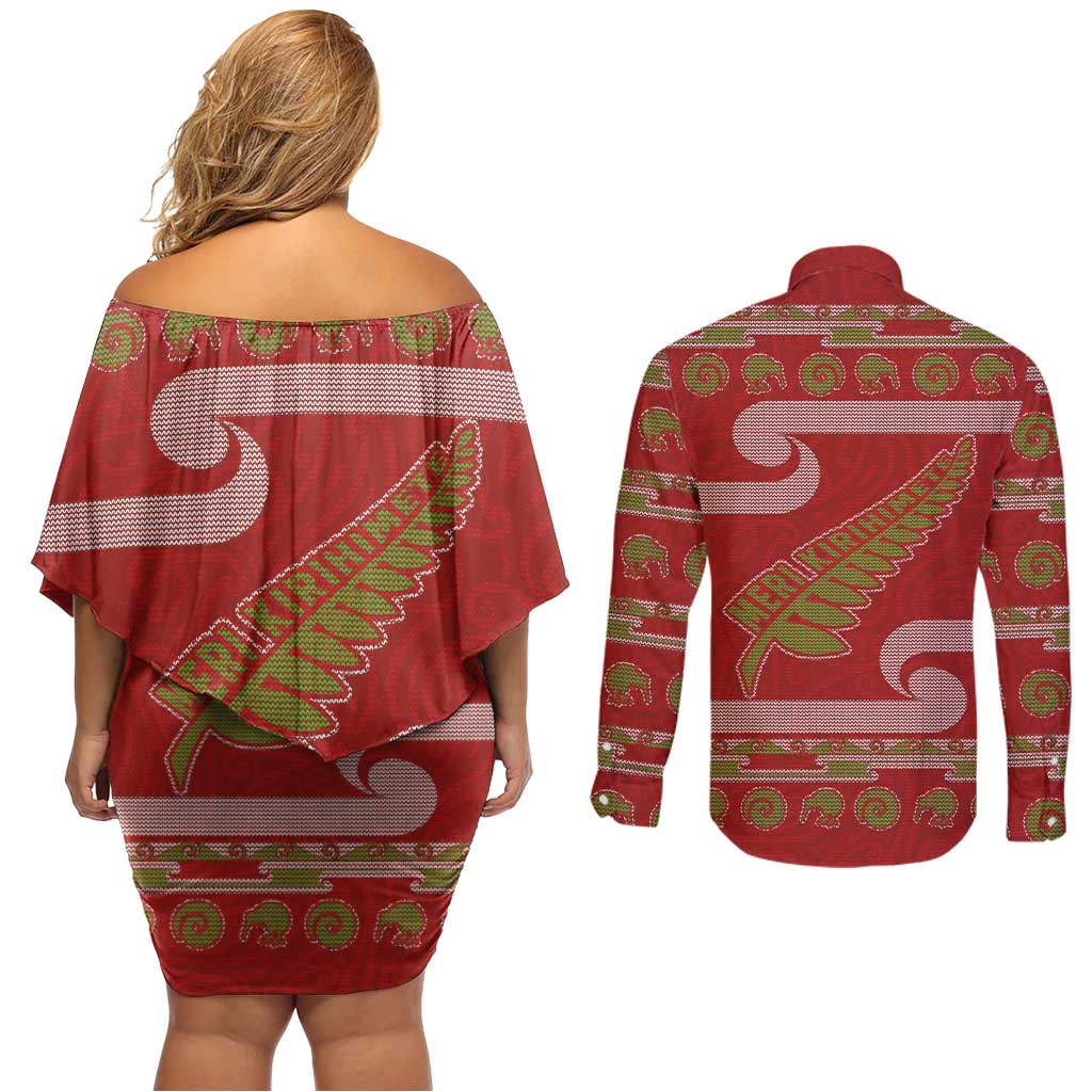 New Zealand Christmas Couples Matching Off Shoulder Short Dress and Long Sleeve Button Shirt Meri Kirihimete Silver Fern Knit Style Green Color LT03 - Polynesian Pride