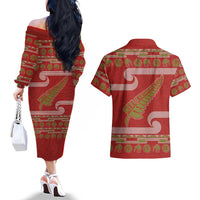 New Zealand Christmas Couples Matching Off The Shoulder Long Sleeve Dress and Hawaiian Shirt Meri Kirihimete Silver Fern Knit Style Green Color LT03 - Polynesian Pride