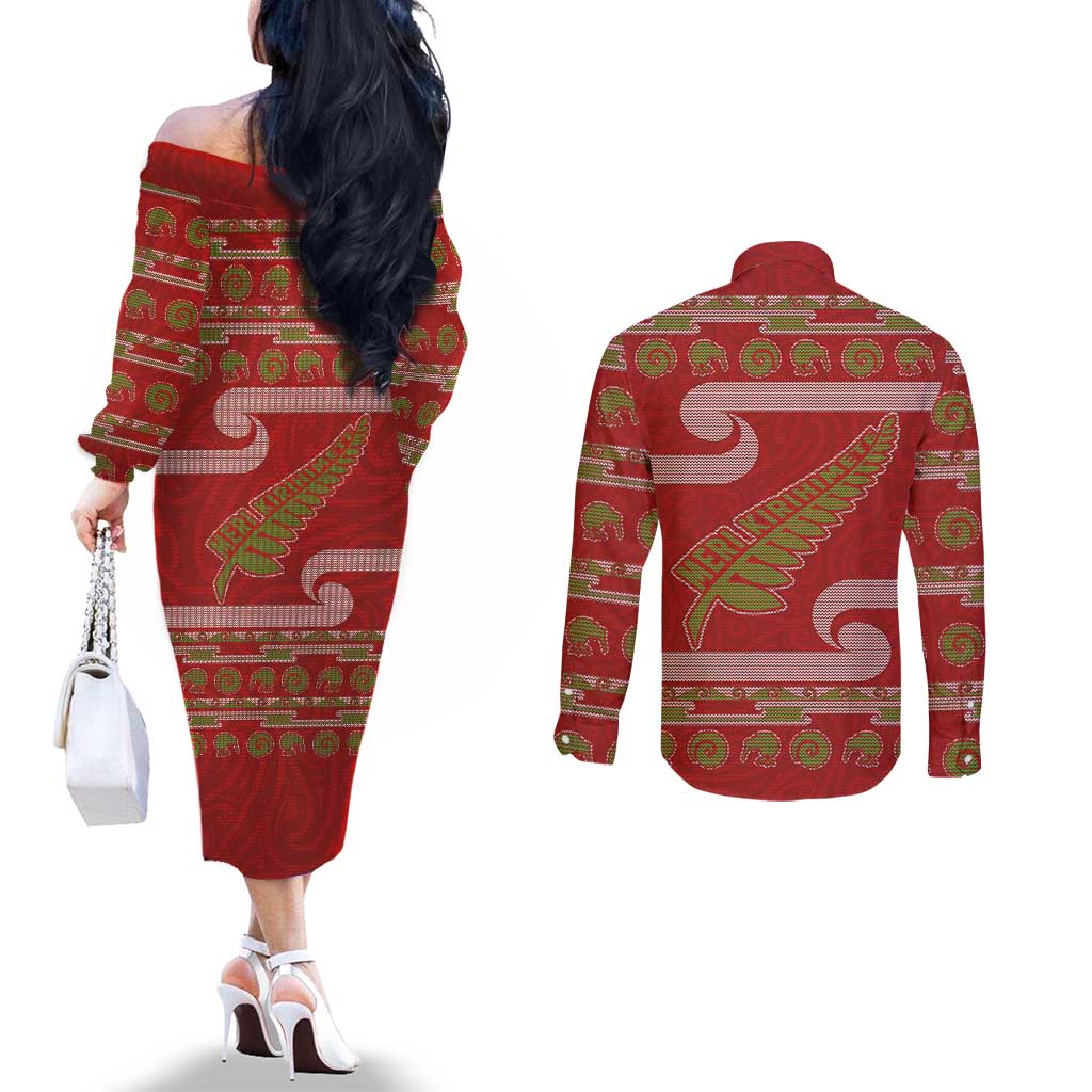 New Zealand Christmas Couples Matching Off The Shoulder Long Sleeve Dress and Long Sleeve Button Shirt Meri Kirihimete Silver Fern Knit Style Green Color LT03 - Polynesian Pride