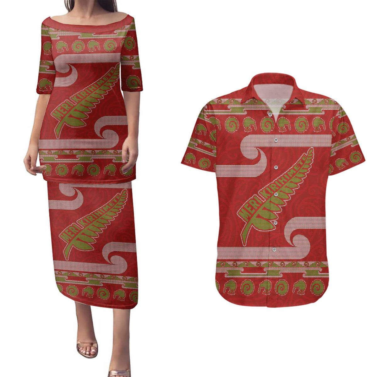 New Zealand Christmas Couples Matching Puletasi and Hawaiian Shirt Meri Kirihimete Silver Fern Knit Style Green Color LT03 Green - Polynesian Pride